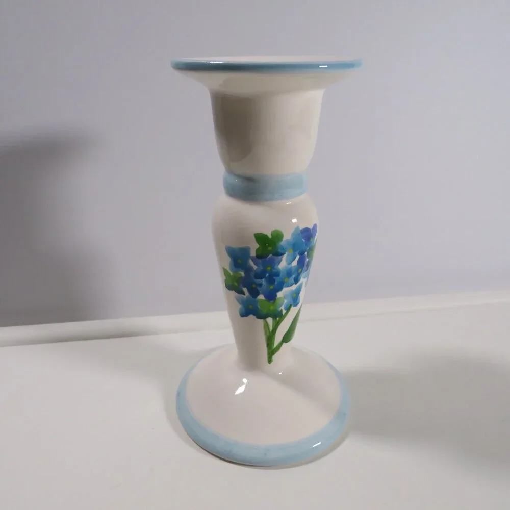 Hand painted Hibiscus Blue Flower Ceramic (1) Candlestick (one sided)